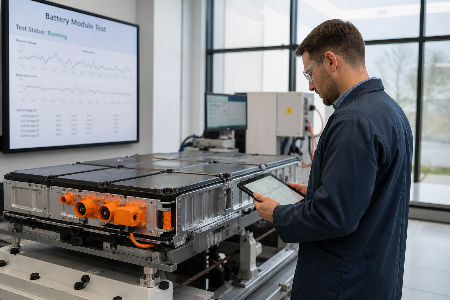 Battery module on a test stand for transport and safety certification