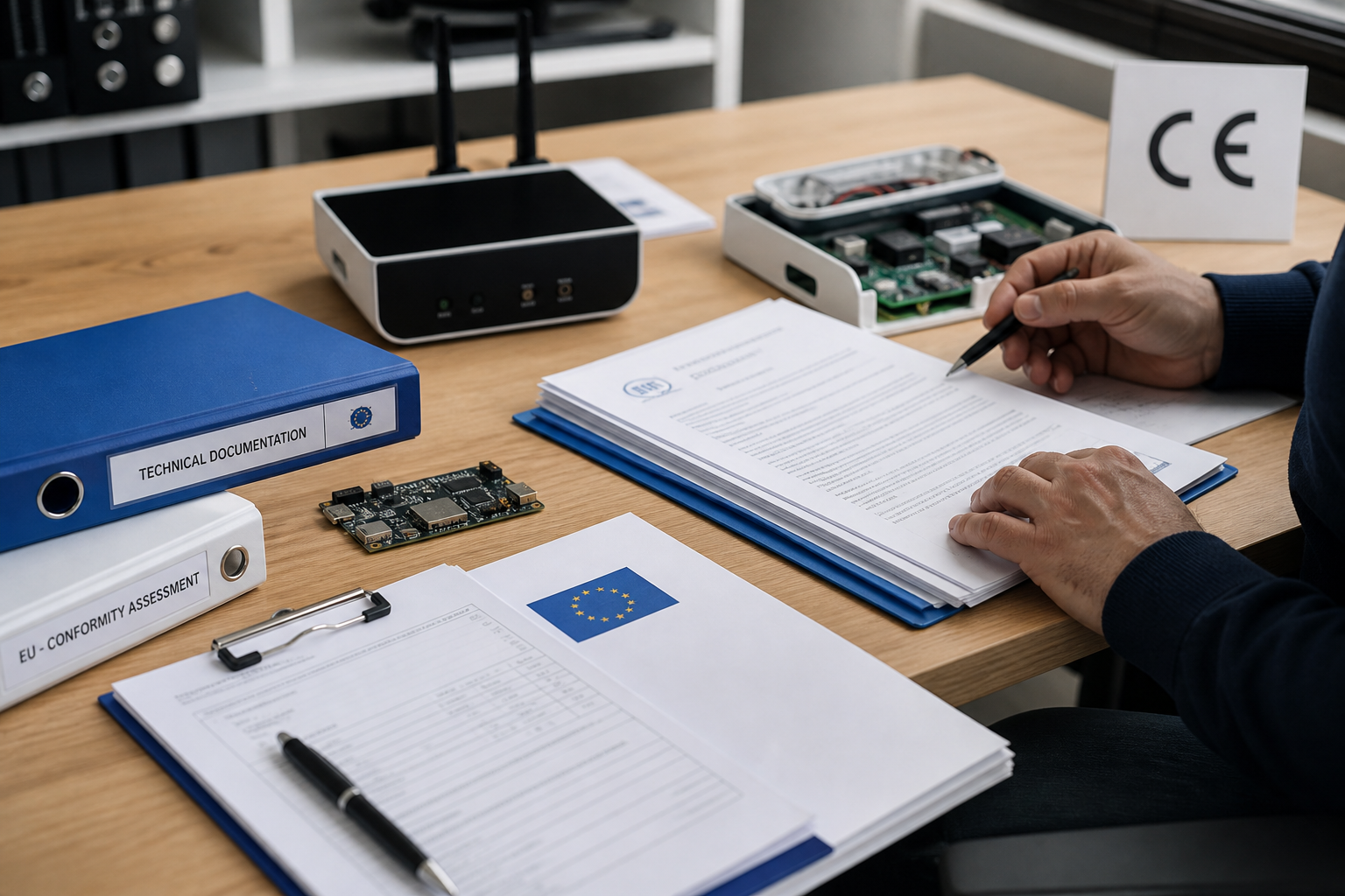 Engineer preparing EU technical documentation for CE compliance