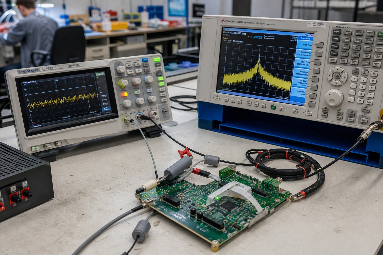 EMC test instrumentation monitoring emissions from an electronic product