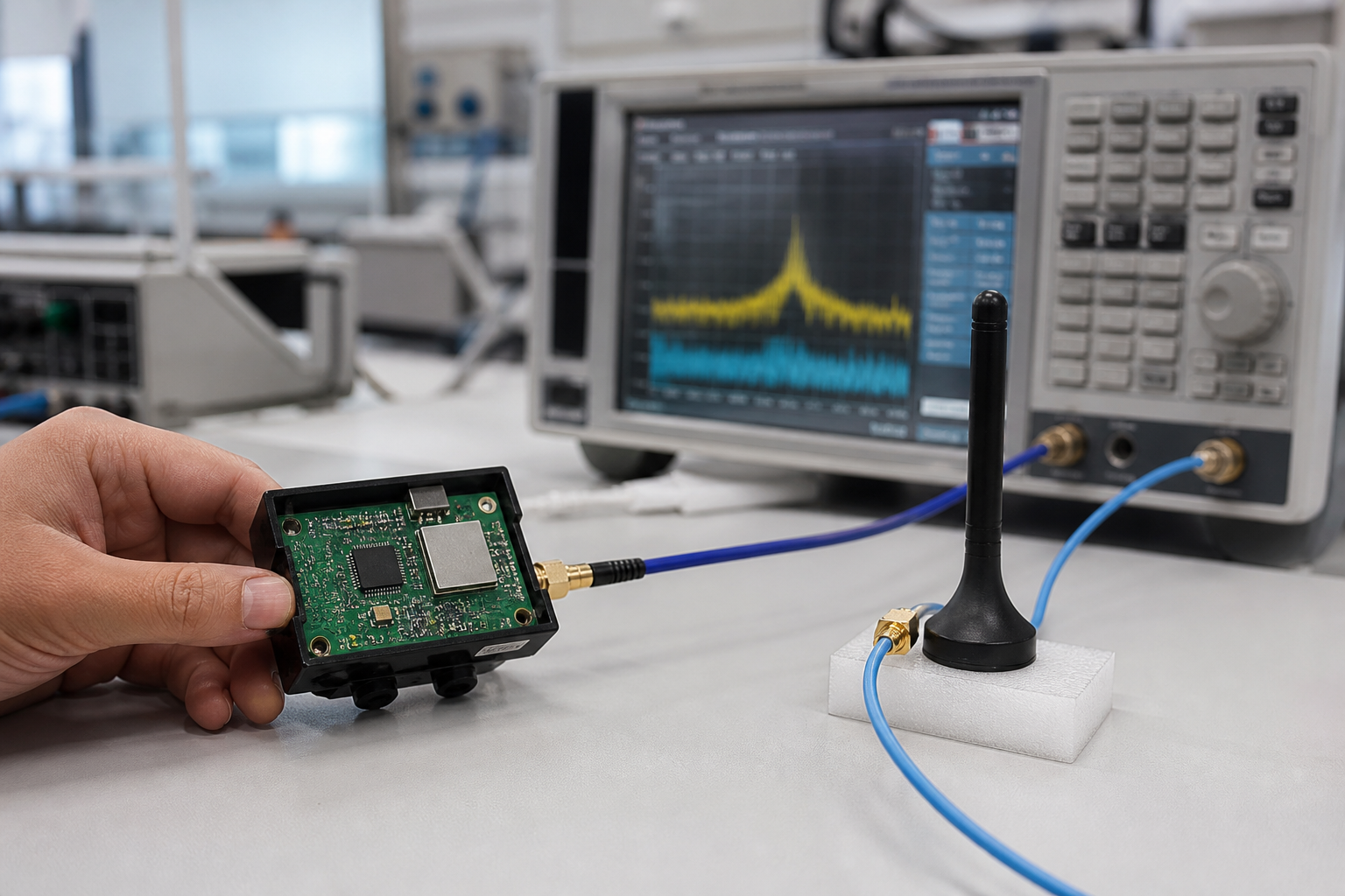 Wireless device under RF test setup with spectrum analyzer in lab