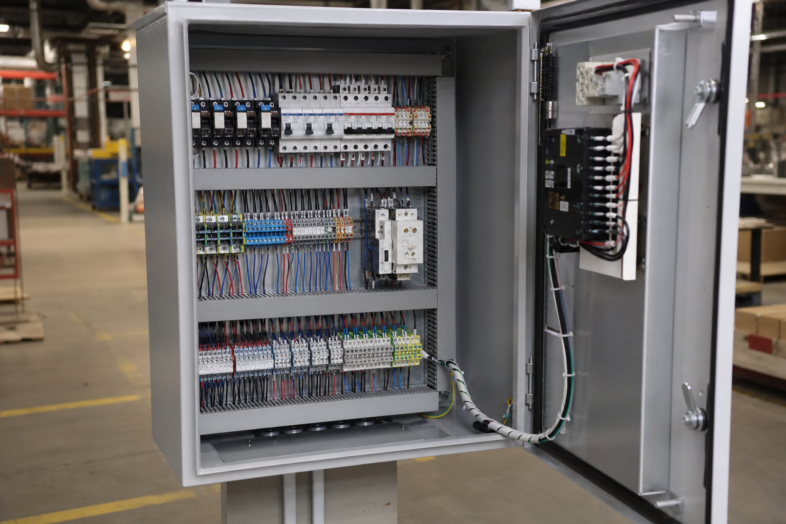Open industrial control panel showing organized UL 508A wiring