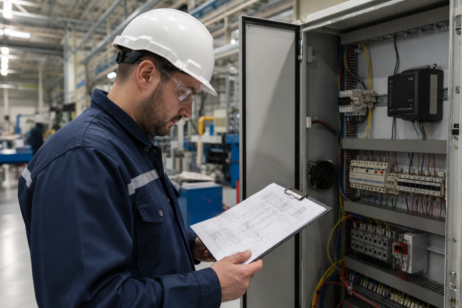 Technician reviewing industrial electrical panel compliance documentation