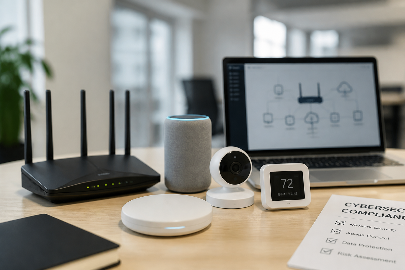 Connected IoT devices and network hardware for cybersecurity compliance review