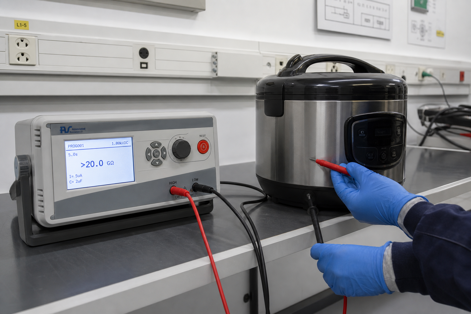 Safety engineer performing insulation testing on an electrical appliance